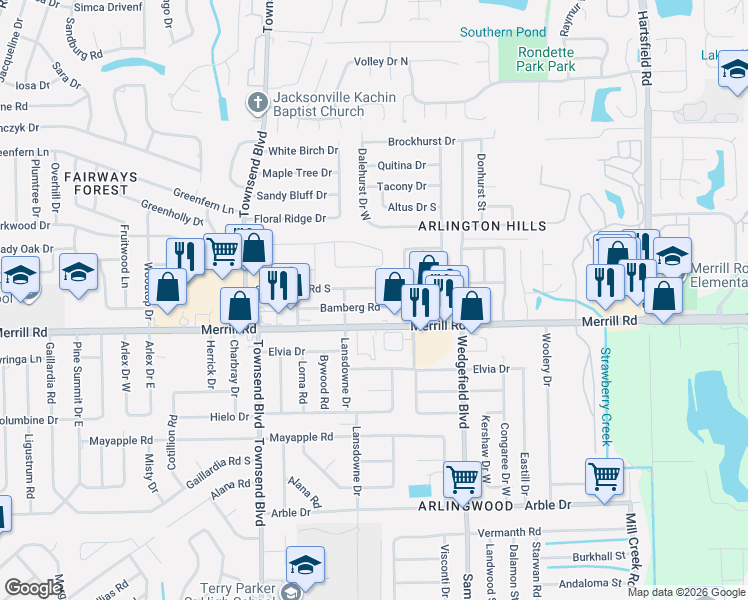 map of restaurants, bars, coffee shops, grocery stores, and more near 7428 Bamberg Road in Jacksonville