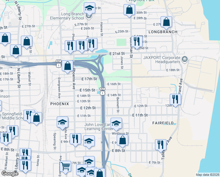 map of restaurants, bars, coffee shops, grocery stores, and more near 1441 East 14th Street in Jacksonville