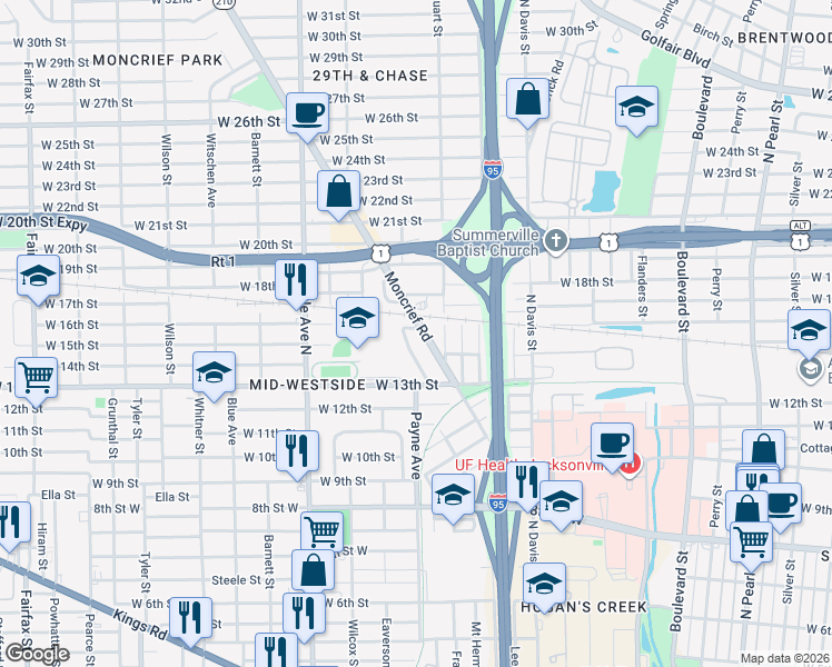 map of restaurants, bars, coffee shops, grocery stores, and more near 2333 Woodland Street West in Jacksonville