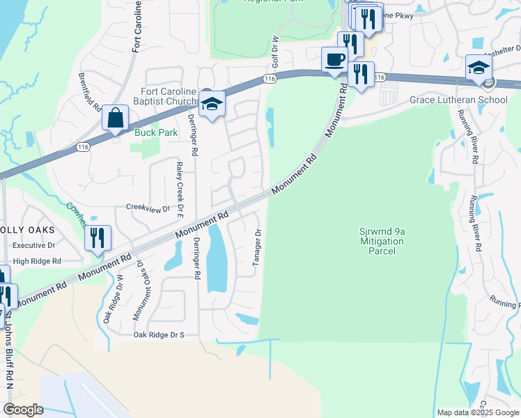 map of restaurants, bars, coffee shops, grocery stores, and more near 11732 North Fort Caroline Lakes Drive in Jacksonville