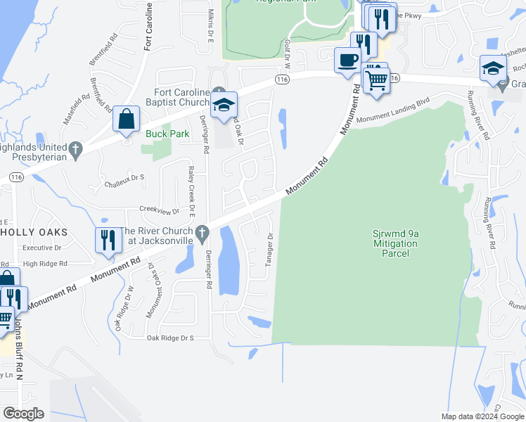 map of restaurants, bars, coffee shops, grocery stores, and more near 11461 Fort Caroline Lakes Drive North in Jacksonville