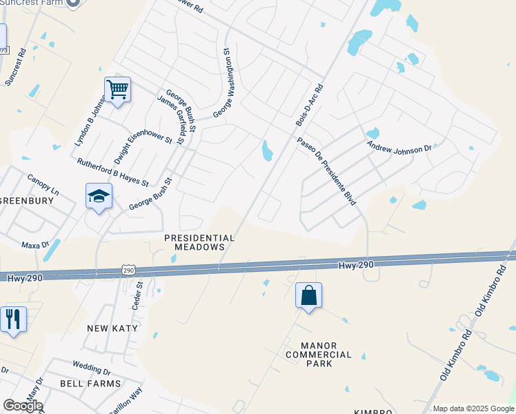 map of restaurants, bars, coffee shops, grocery stores, and more near 19205 Denton Line Road in Manor