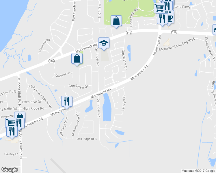 map of restaurants, bars, coffee shops, grocery stores, and more near 11360 Bedford Oaks Drive in Jacksonville