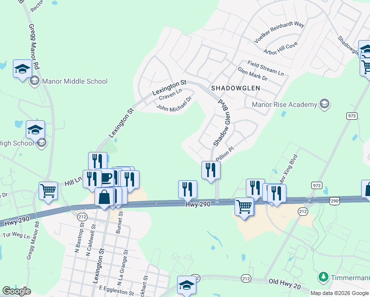 map of restaurants, bars, coffee shops, grocery stores, and more near 11308 Runnel Ridge Road in Manor