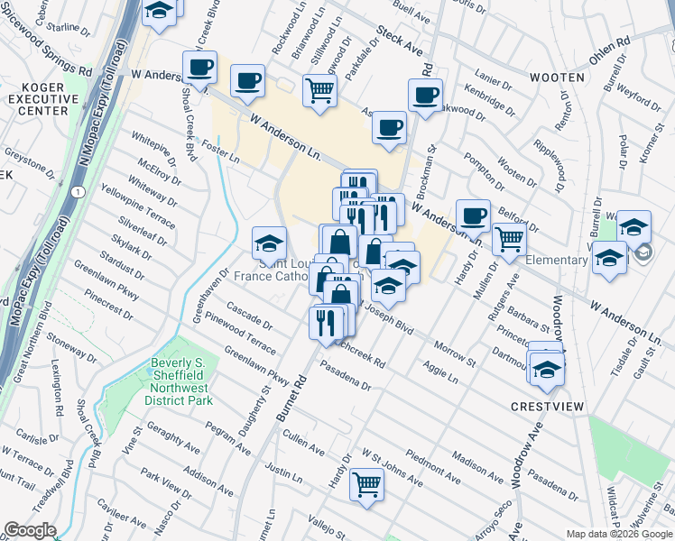 map of restaurants, bars, coffee shops, grocery stores, and more near 7600 Burnet Road in Austin