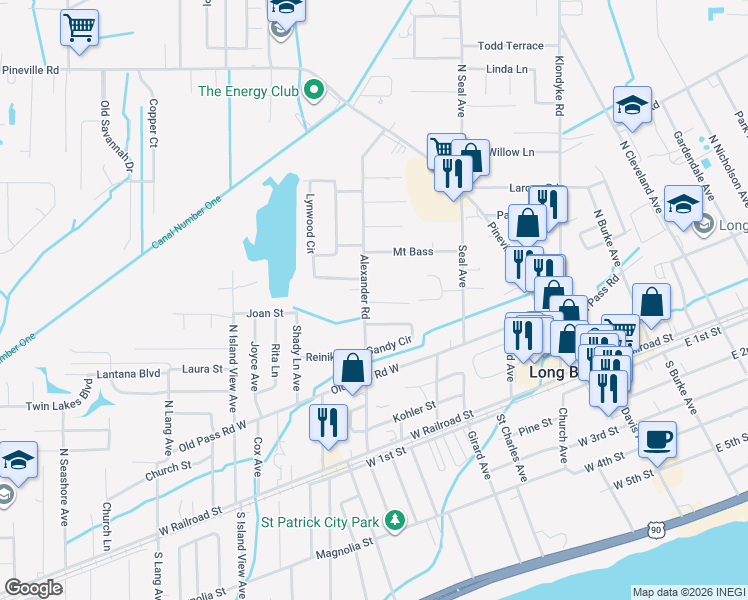 map of restaurants, bars, coffee shops, grocery stores, and more near 258 Alexander Rd in Long Beach