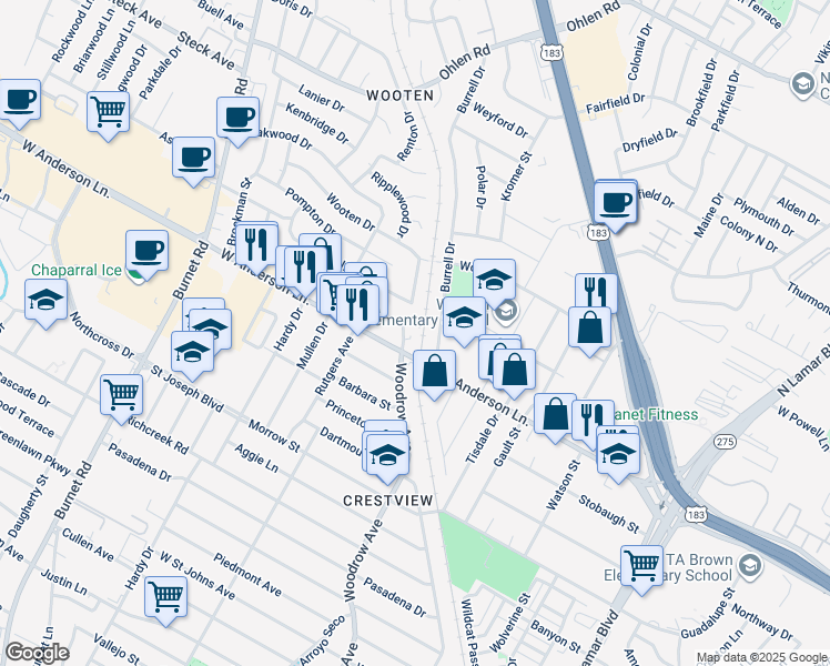 map of restaurants, bars, coffee shops, grocery stores, and more near 7904 Burrell Drive in Austin