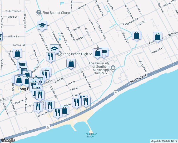 map of restaurants, bars, coffee shops, grocery stores, and more near 402 E 2nd St in Long Beach