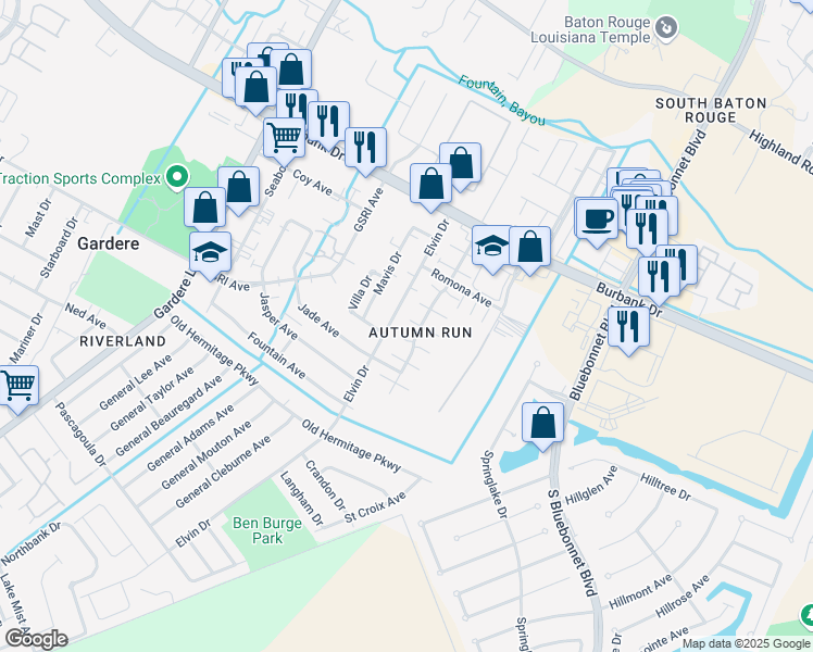 map of restaurants, bars, coffee shops, grocery stores, and more near 8939 Pecan Tree Drive in Baton Rouge