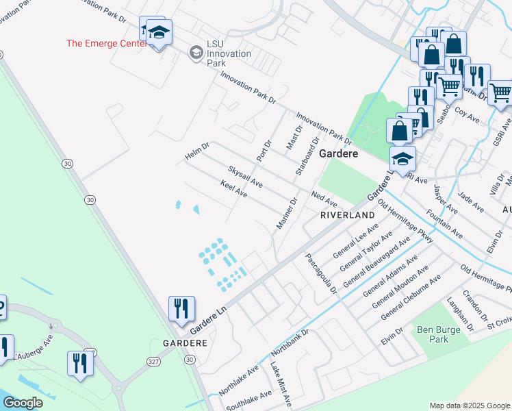 map of restaurants, bars, coffee shops, grocery stores, and more near 8238 Keel Avenue in Baton Rouge