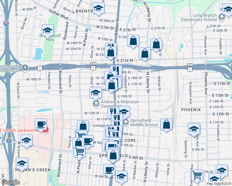 map of restaurants, bars, coffee shops, grocery stores, and more near 2402 North Main Street in Jacksonville