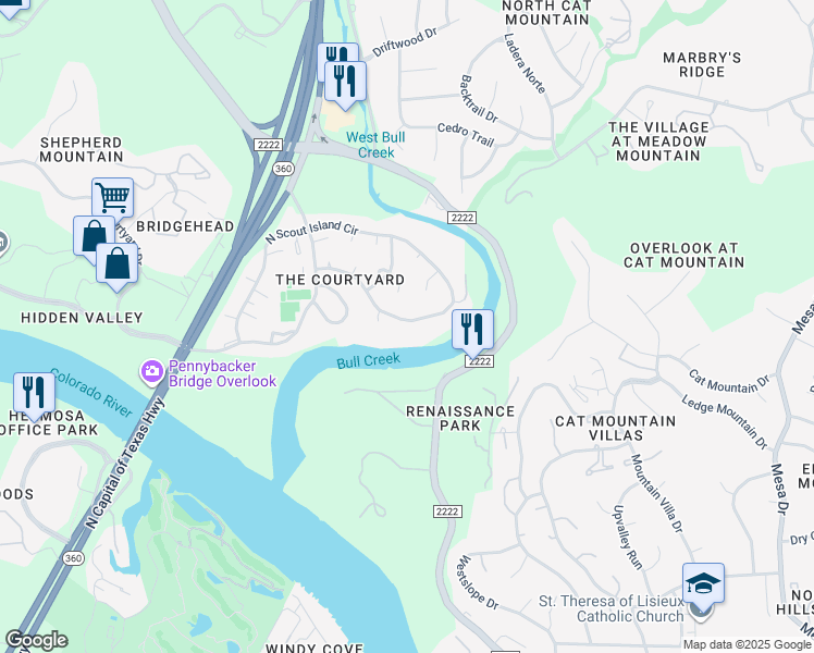 map of restaurants, bars, coffee shops, grocery stores, and more near 5221 Scout Island Circle South in Austin