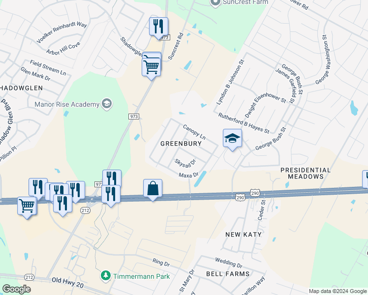 map of restaurants, bars, coffee shops, grocery stores, and more near 18104 Gallant Street in Manor