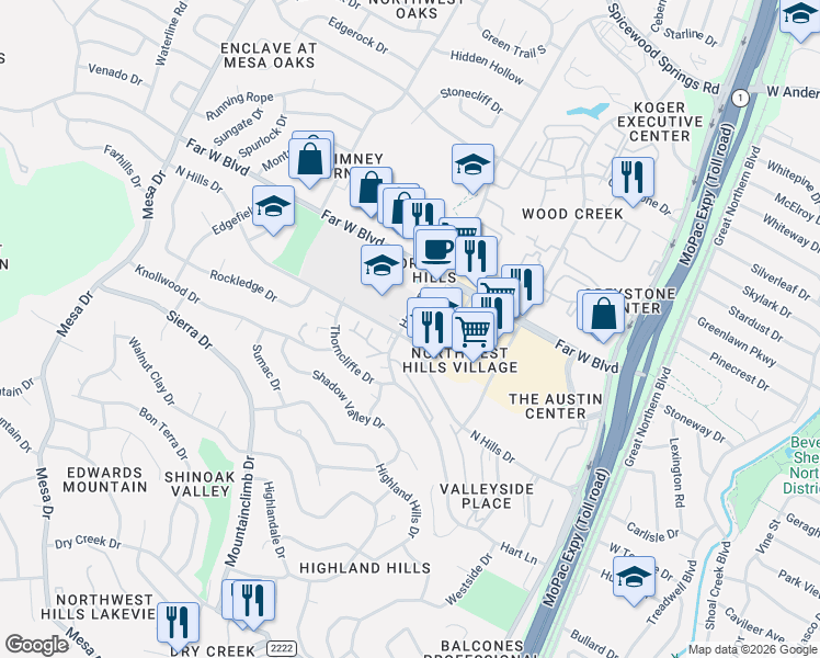 map of restaurants, bars, coffee shops, grocery stores, and more near 3635 North Hills Drive in Austin