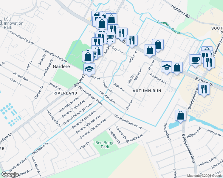 map of restaurants, bars, coffee shops, grocery stores, and more near 1713 Jasper Avenue in Baton Rouge