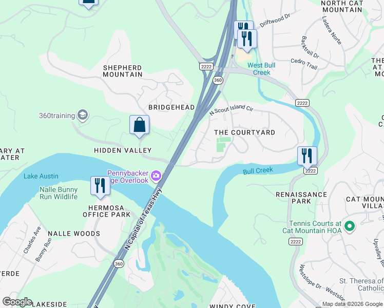 map of restaurants, bars, coffee shops, grocery stores, and more near 5408 Courtyard Drive in Austin