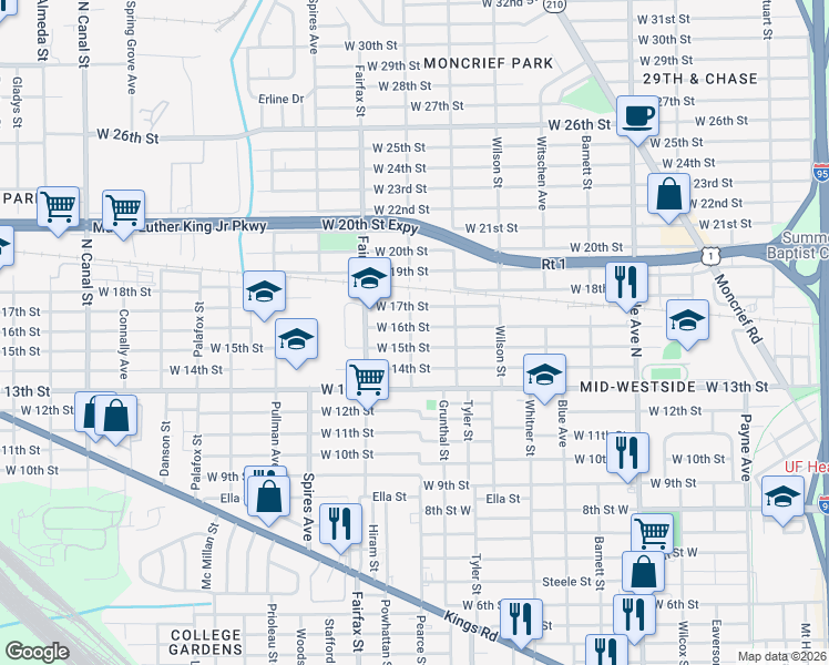 map of restaurants, bars, coffee shops, grocery stores, and more near 1650 West 15th Street in Jacksonville