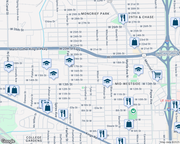 map of restaurants, bars, coffee shops, grocery stores, and more near 1594 West 16th Street in Jacksonville