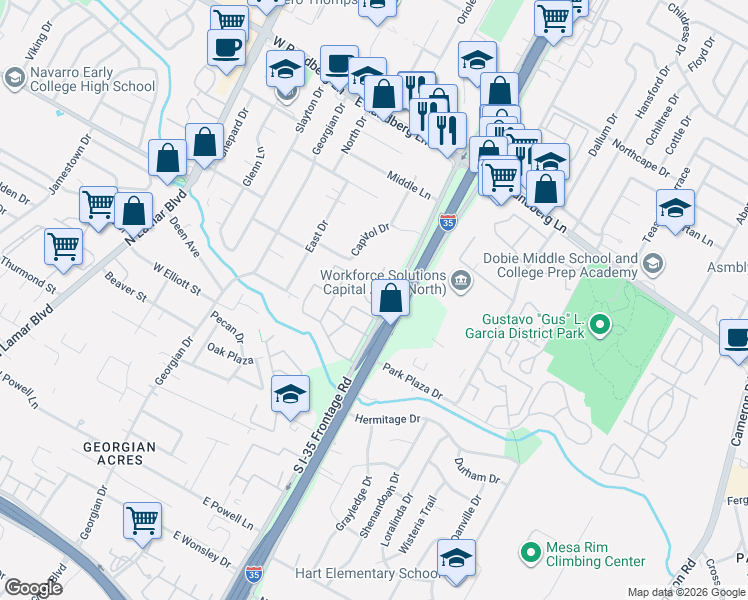 map of restaurants, bars, coffee shops, grocery stores, and more near 8800 North Interstate Highway 35 in Austin