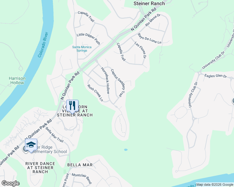 map of restaurants, bars, coffee shops, grocery stores, and more near 12116 Capitol Saddlery Trail in Austin
