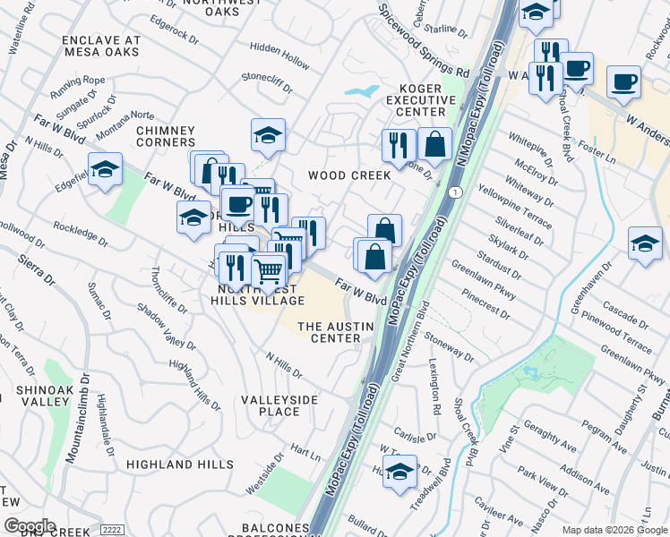 map of restaurants, bars, coffee shops, grocery stores, and more near 3508 Far West Boulevard in Austin