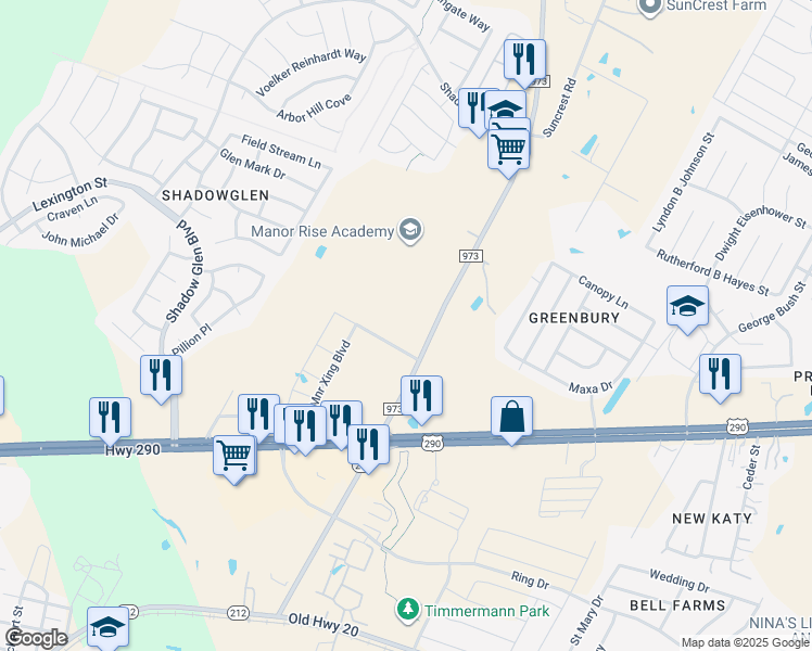 map of restaurants, bars, coffee shops, grocery stores, and more near 13220 Farm to Market Road 973 in Manor