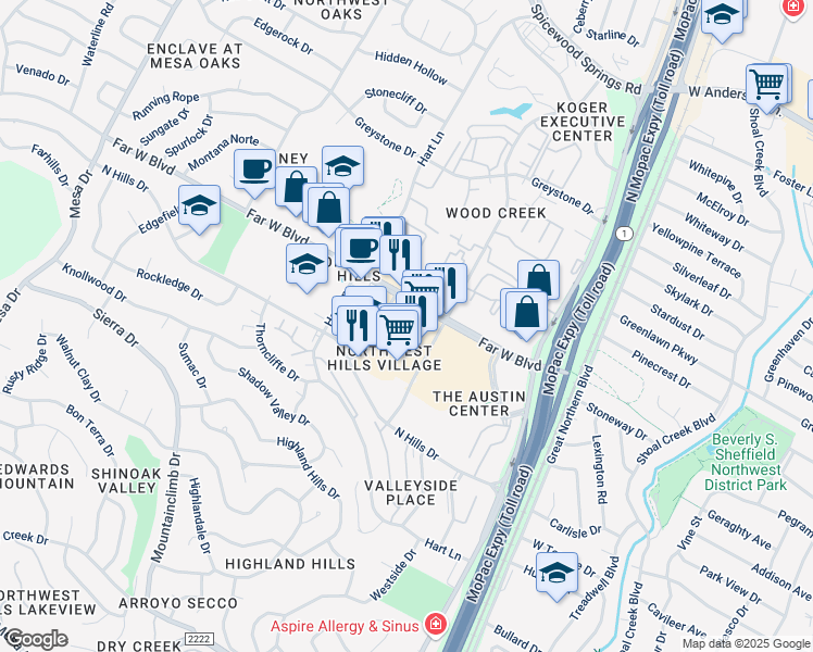 map of restaurants, bars, coffee shops, grocery stores, and more near 3571 Far West Boulevard in Austin