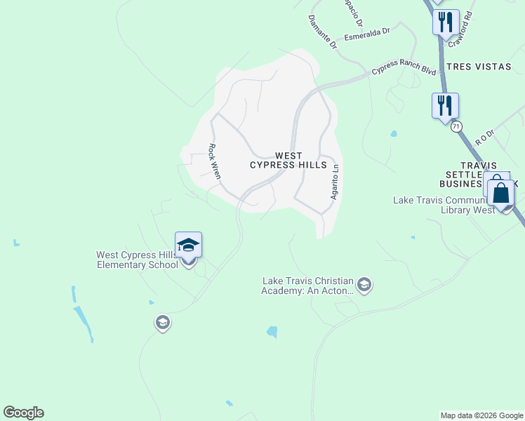 map of restaurants, bars, coffee shops, grocery stores, and more near 21808 Rock Wren in Spicewood