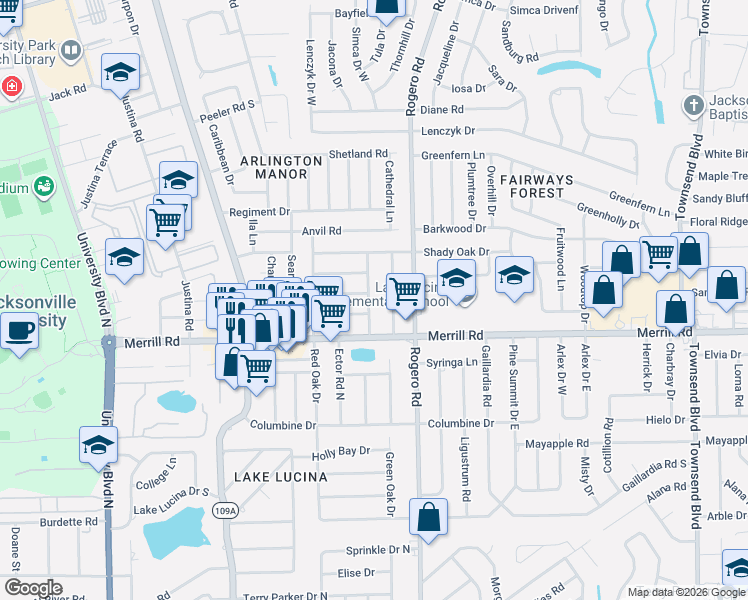 map of restaurants, bars, coffee shops, grocery stores, and more near 2824 Oakcove Lane in Jacksonville