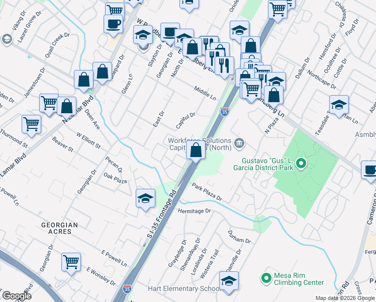map of restaurants, bars, coffee shops, grocery stores, and more near 8800 North Interstate Highway 35 in Austin