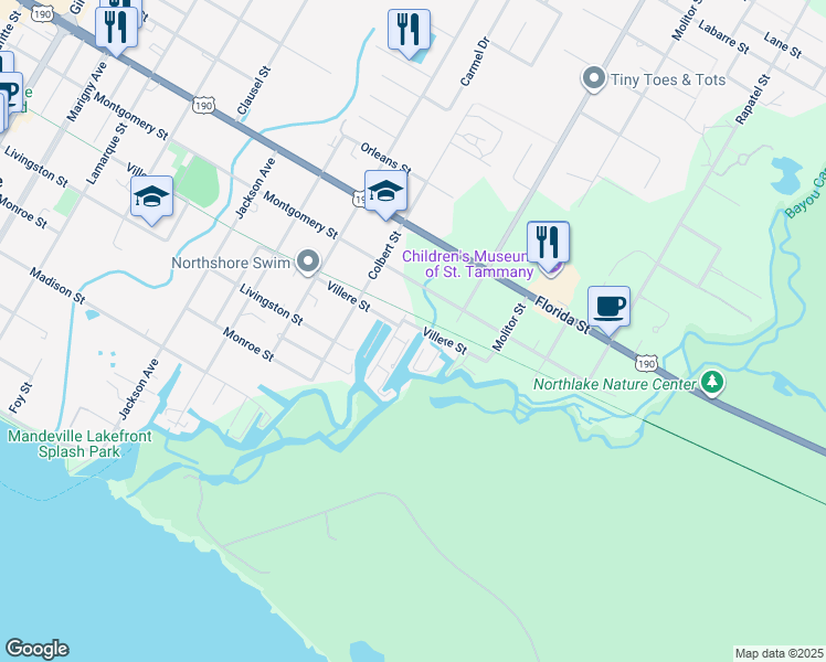 map of restaurants, bars, coffee shops, grocery stores, and more near 1025 Villere Street in Mandeville