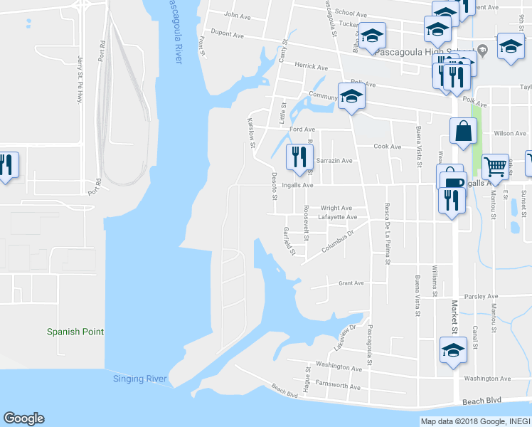 map of restaurants, bars, coffee shops, grocery stores, and more near 500 Lafayette Avenue in Pascagoula