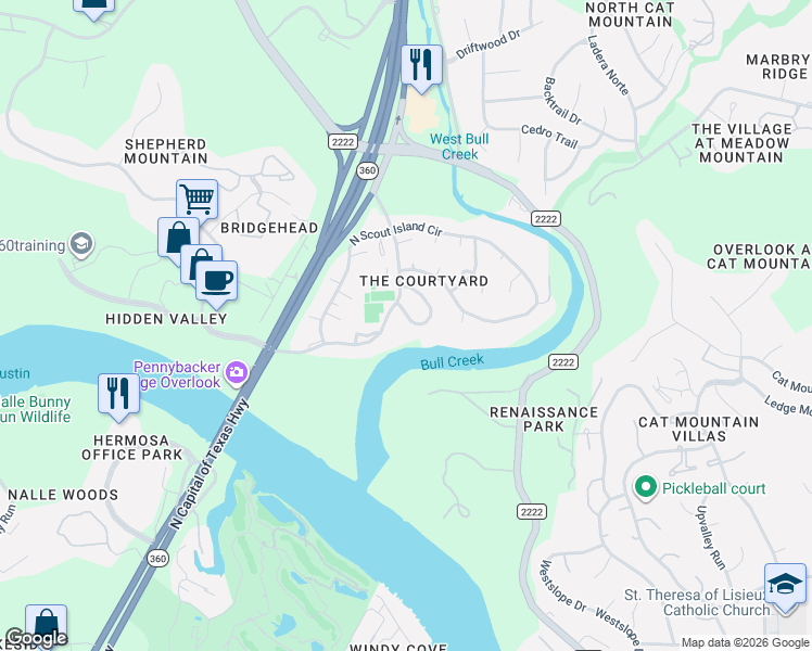 map of restaurants, bars, coffee shops, grocery stores, and more near 5707 Sam Houston Circle in Austin
