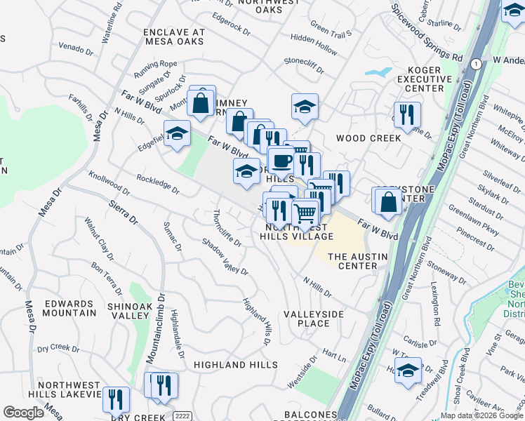 map of restaurants, bars, coffee shops, grocery stores, and more near 3635 North Hills Drive in Austin