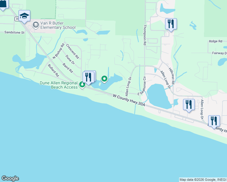 map of restaurants, bars, coffee shops, grocery stores, and more near 5689 County Road 30A in Santa Rosa Beach