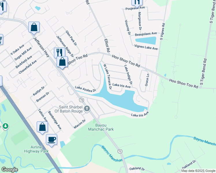 map of restaurants, bars, coffee shops, grocery stores, and more near 18641 West Lake Terrace Drive in Baton Rouge