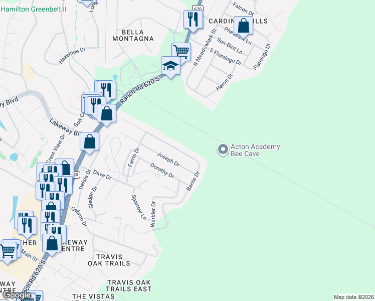 map of restaurants, bars, coffee shops, grocery stores, and more near 15098 Barrie Drive in Lakeway