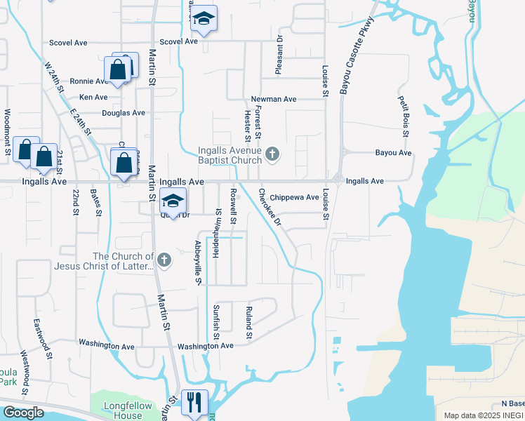 map of restaurants, bars, coffee shops, grocery stores, and more near 4515 Chippewa Avenue in Pascagoula