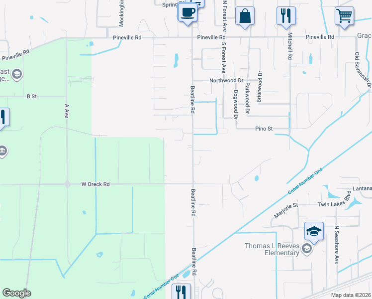 map of restaurants, bars, coffee shops, grocery stores, and more near 4511-4599 Beatline Road in Long Beach