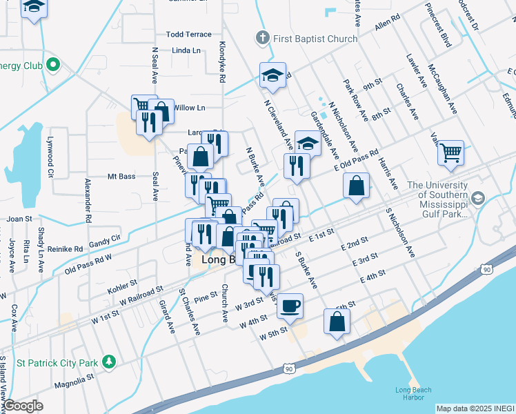 map of restaurants, bars, coffee shops, grocery stores, and more near 181 East Old Pass Road in Long Beach