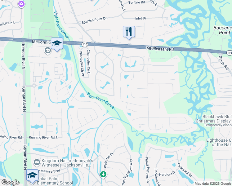 map of restaurants, bars, coffee shops, grocery stores, and more near 1662 Tiger Creek Lane West in Jacksonville