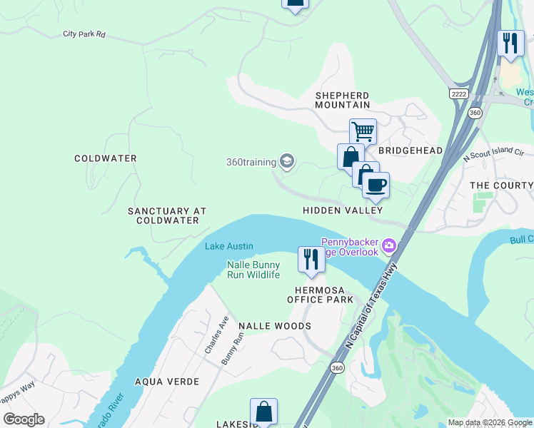 map of restaurants, bars, coffee shops, grocery stores, and more near 6401 Bridge Point Parkway in Austin
