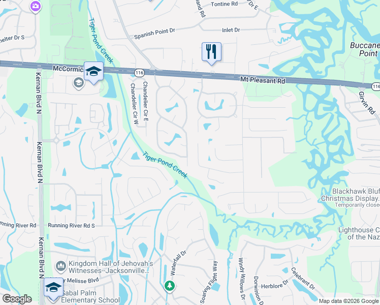 map of restaurants, bars, coffee shops, grocery stores, and more near 1662 Tiger Creek Lane West in Jacksonville