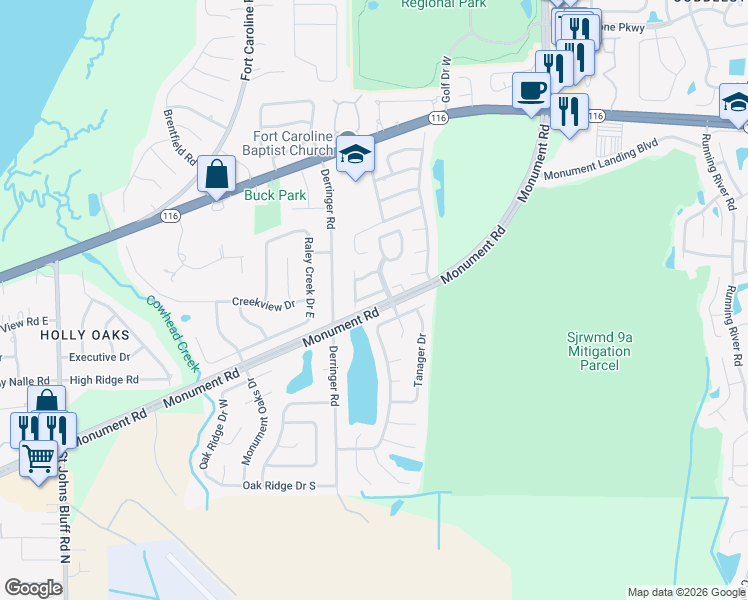 map of restaurants, bars, coffee shops, grocery stores, and more near 11418 White Bay Lane in Jacksonville