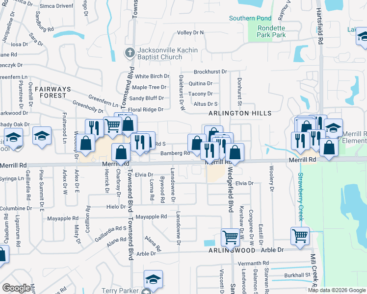 map of restaurants, bars, coffee shops, grocery stores, and more near 7442 Stonehurst Road North in Jacksonville