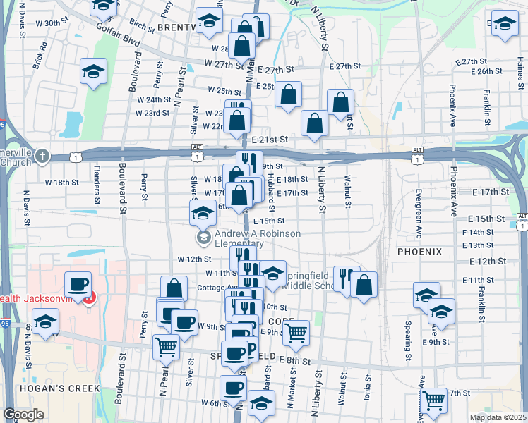 map of restaurants, bars, coffee shops, grocery stores, and more near 2624 Hubbard Street in Jacksonville