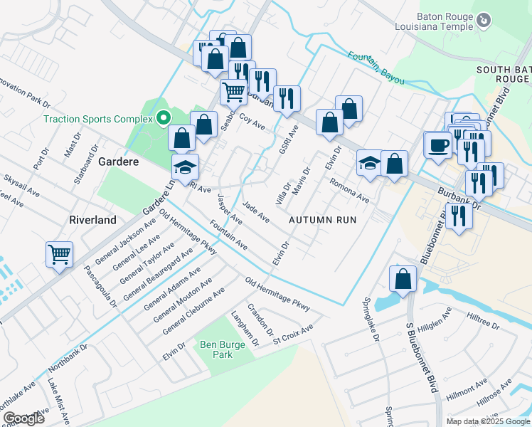 map of restaurants, bars, coffee shops, grocery stores, and more near 1635 Jade Avenue in Baton Rouge