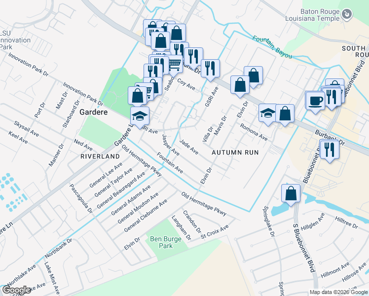 map of restaurants, bars, coffee shops, grocery stores, and more near 1635 Jade Avenue in Baton Rouge