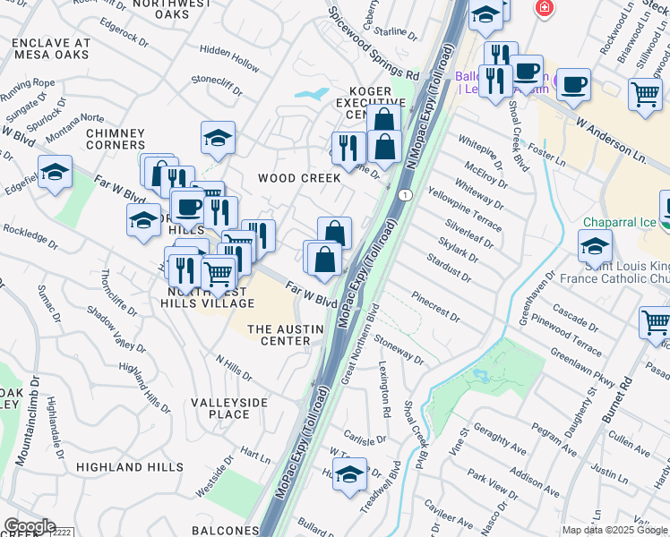 map of restaurants, bars, coffee shops, grocery stores, and more near 5901 Paseo Del Toro in Austin