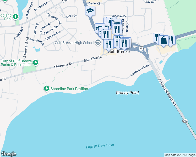 map of restaurants, bars, coffee shops, grocery stores, and more near 1206 Soundview Trail in Gulf Breeze